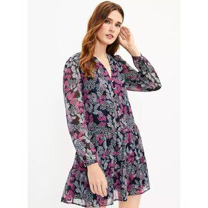 Loft Women's Leafed Flounce Shirt Dress Size L Multi Floral Print Mini Romantic